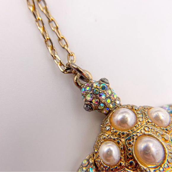 Betsey Johnson Signed Sea Turtle Pendant Necklace w/ Faux Pearls and Rhinestones - Picture 6 of 14